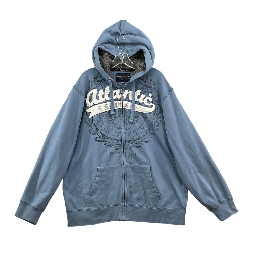 Nautica Jeans Co Hoodie Men XXL Blue Atlantic Graphic Sherpa Lined Hood Full Zip